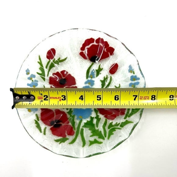 Fused Glass Plate Red Poppy Blue Delphinium Floral Scalloped Edge Botanical Art - Picture 6 of 7